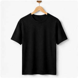Polera negra Dogo Premium de algodón colgada en gancho de madera