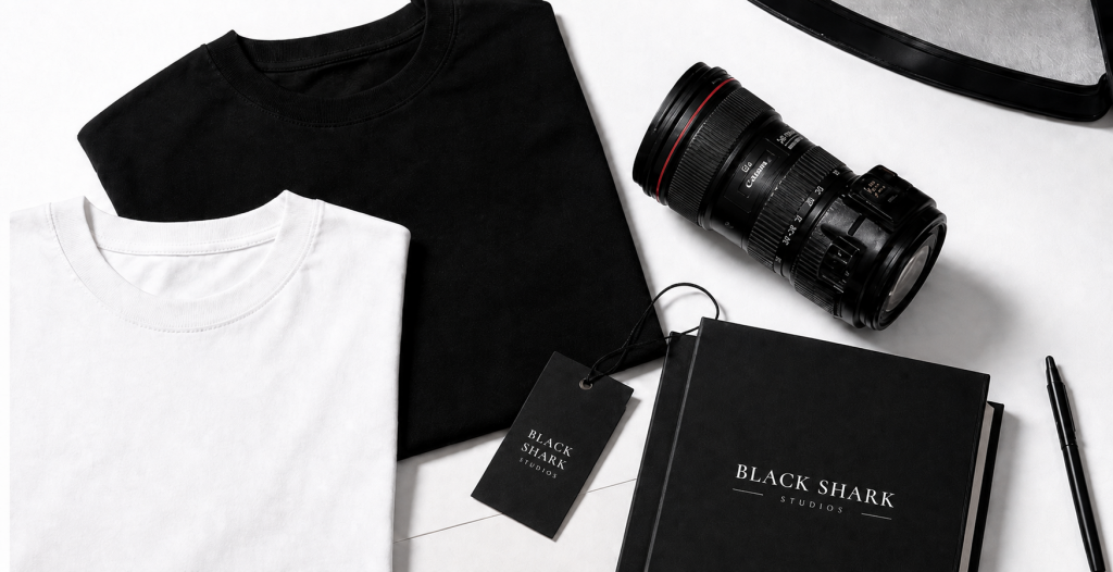 Fotografía corporativa minimalista de BlackShark Studios con poleras, lente profesional y material de marca