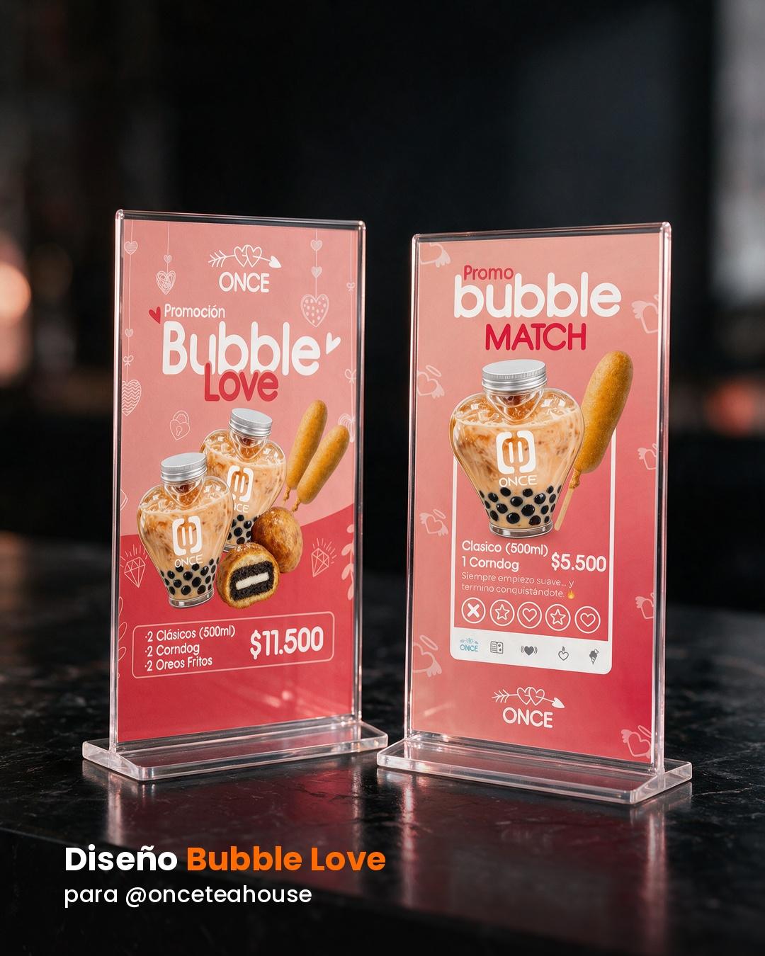 Mockup de mostrador con diseño Bubble Love, campaña de marketing para Once Tea House