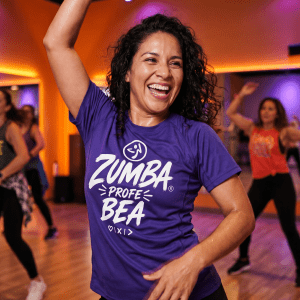 Polera Zumba Profe Bea morada dryfit puesta en clase