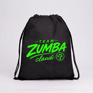 Morral Team Zumba Claudi sobre fondo blanco, estampado vinyl fluor verde